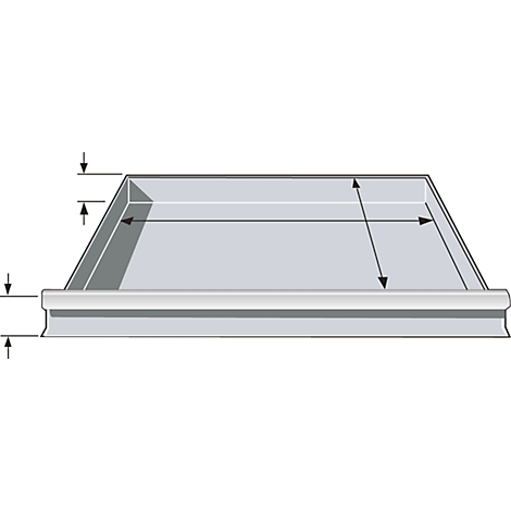Gray, trapezoidal metal plate with side angle and surrounding edge. Various dimensions are marked by arrows.